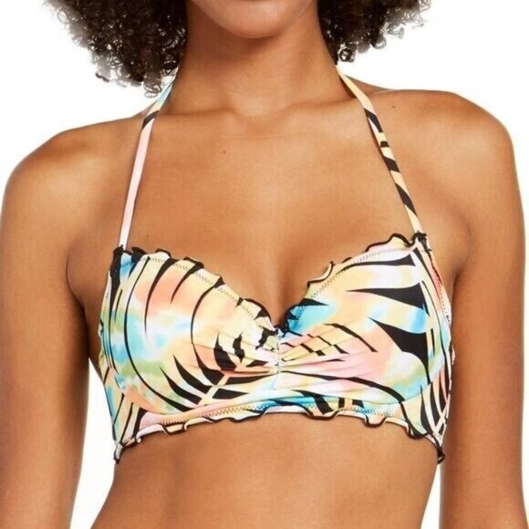 Sundazed Multicolor Palm Print Bikini Top With Ruffle Trim & Adjustable Halter T - Picture 1 of 6